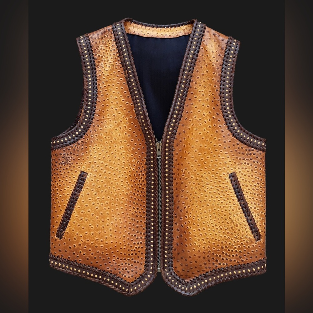 Ostrich Embossed Men Motorcycle Distressed Leather Biker Vest Concealed Carry